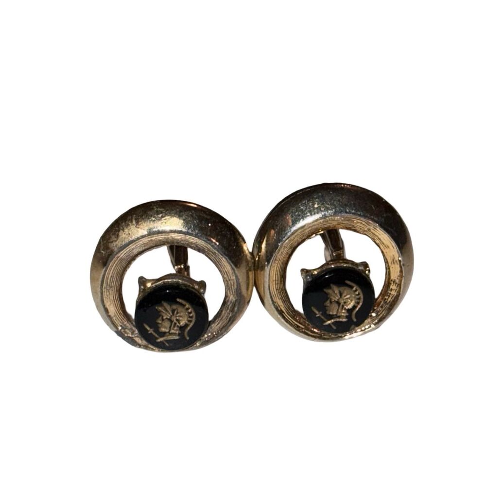 Roman Soldier Knight in Black Gold Tone Vintage Cufflinks
